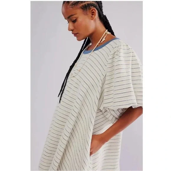 Free People Cream Striped Mini Dress with Blue Trim - Picture 5 of 10